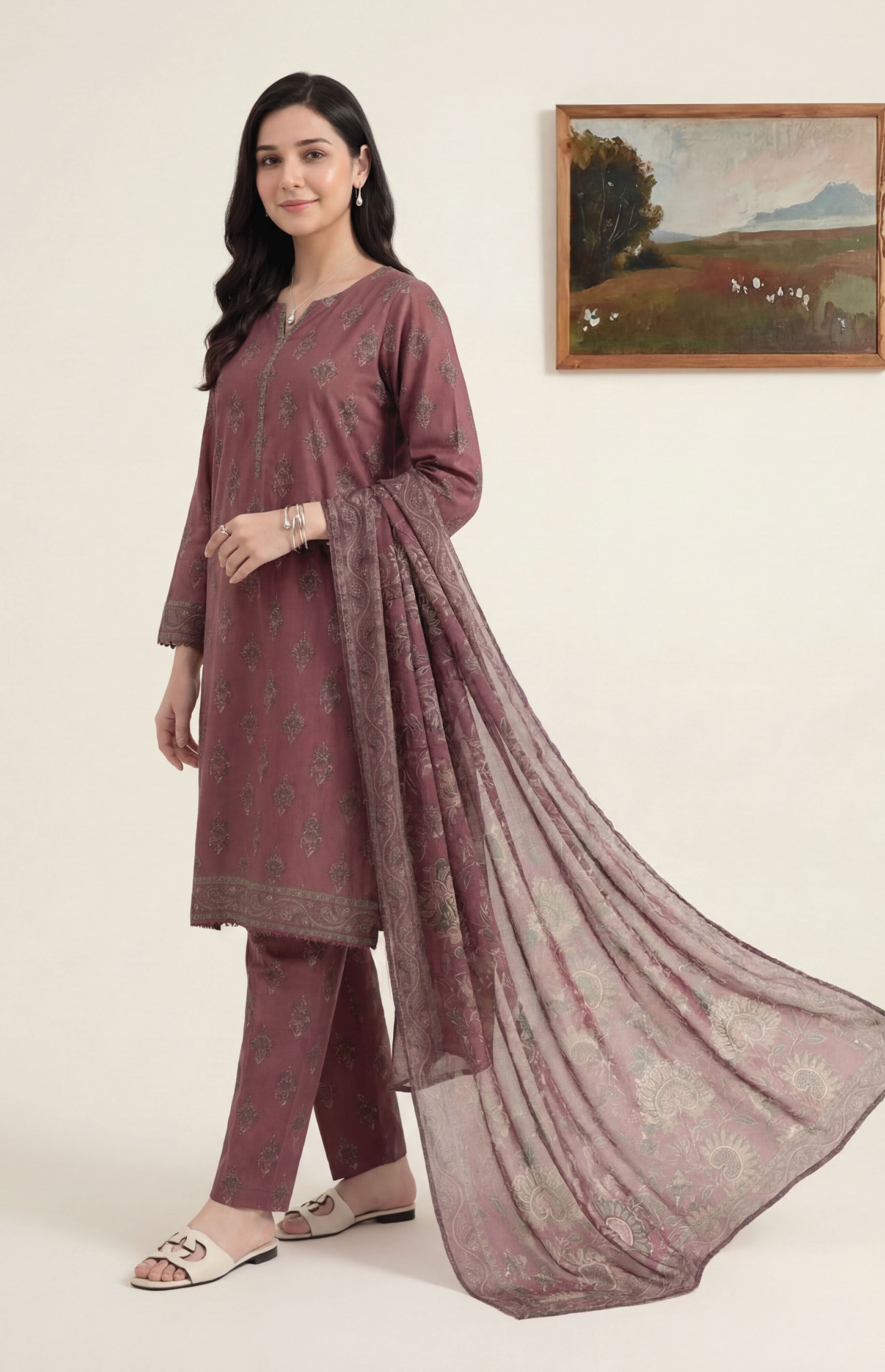 Dusty Rose Elite Lawn Rotary Print 3PC Ready-to-Wear