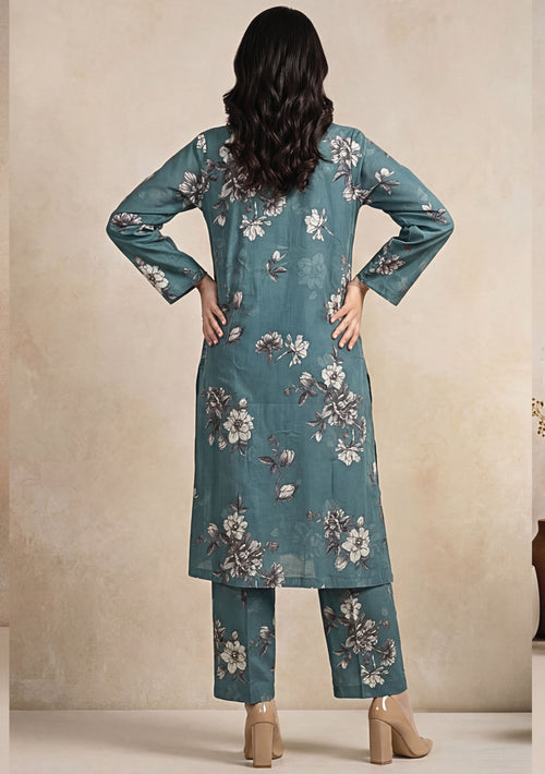 Dusty Teal Linen Stitched Staple Digital print suit