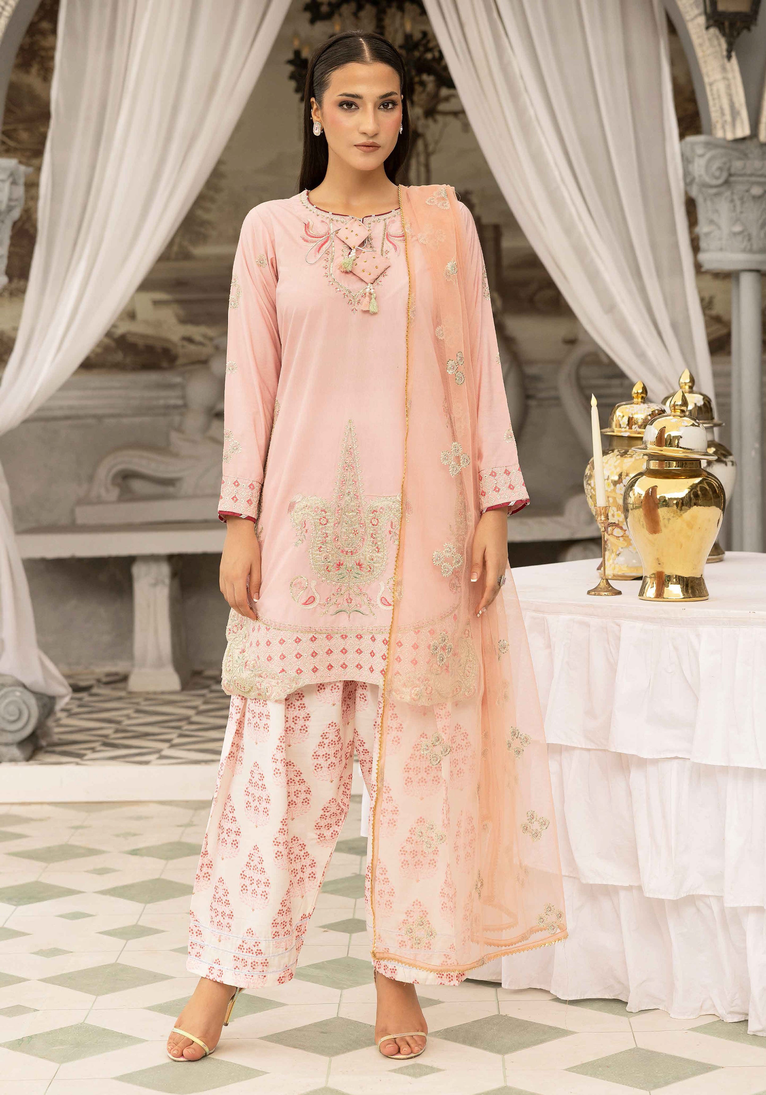 Blush Pink Embroidered 3-Piece Lawn Suit with Organza Dupatta & Printed Palazzo