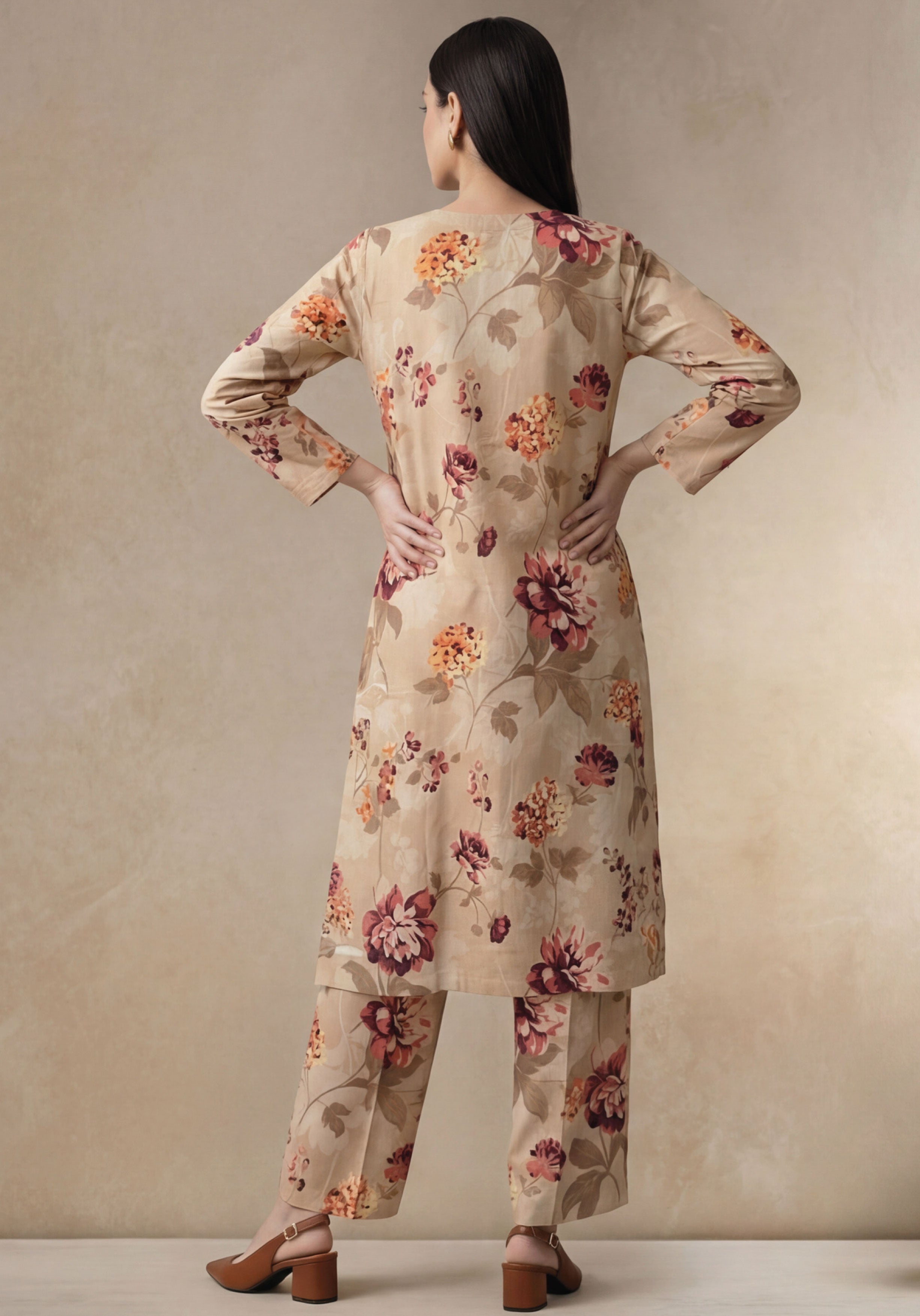 Apricot Beige Linen Stitched Staple Digital print suit