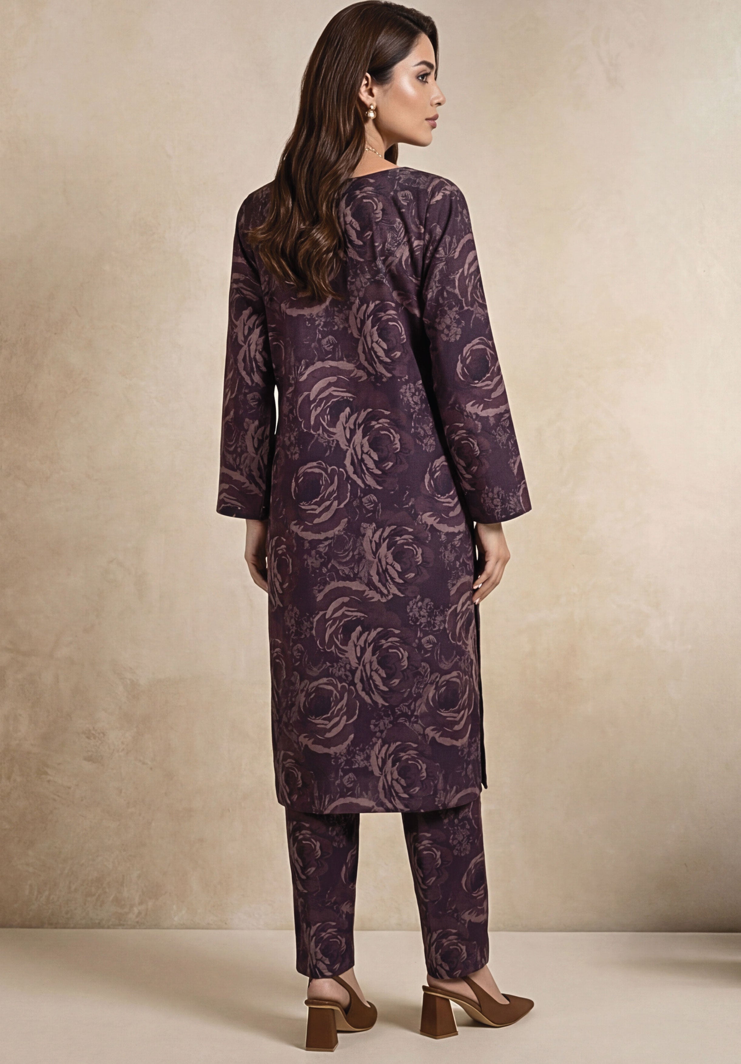 Vintage Plum Linen Stitched Staple Digital print suit