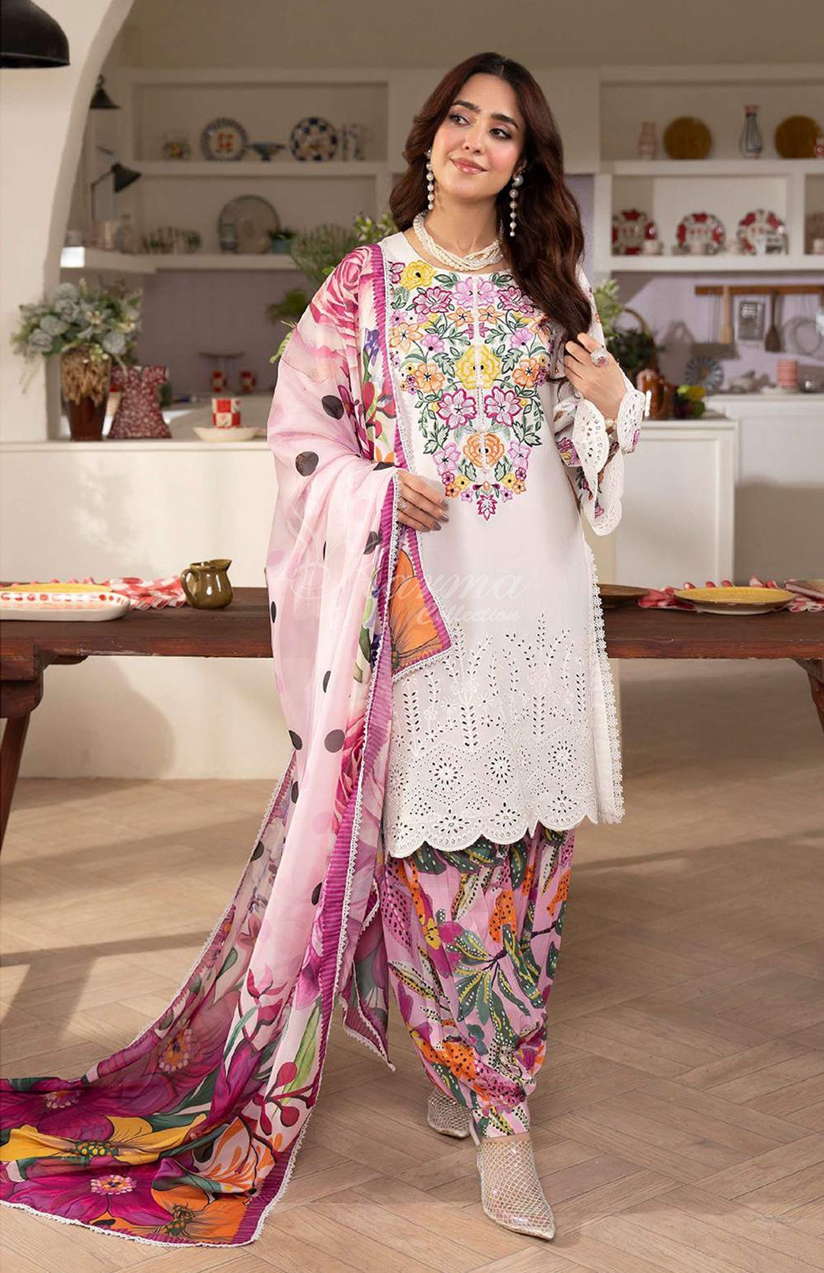 Spring Bloom Embroidered Lawn Suit with Floral Printed Dupatta & Farshi Shalwar