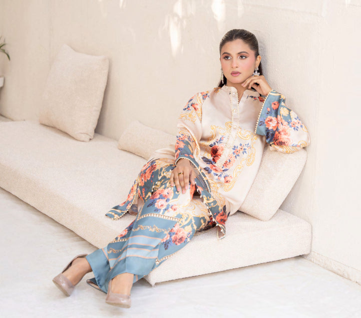 2pc co-ord set cream and blue