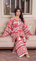 Luxury 2pc silk light grey red and orange print