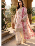 Blush Bloom Printed Silk Viscose Suit with Embroidered Neckline & Flare Trouser