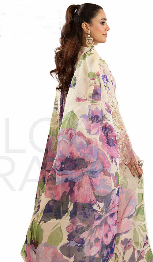 Pearl Ivory Embroidered Lawn Suit with Floral Printed Trouser & Chiffon Dupatta
