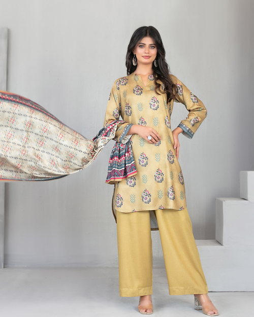 Mustard Yellow Floral Printed 3-Piece Suit with Geometric Shawl Dupatta