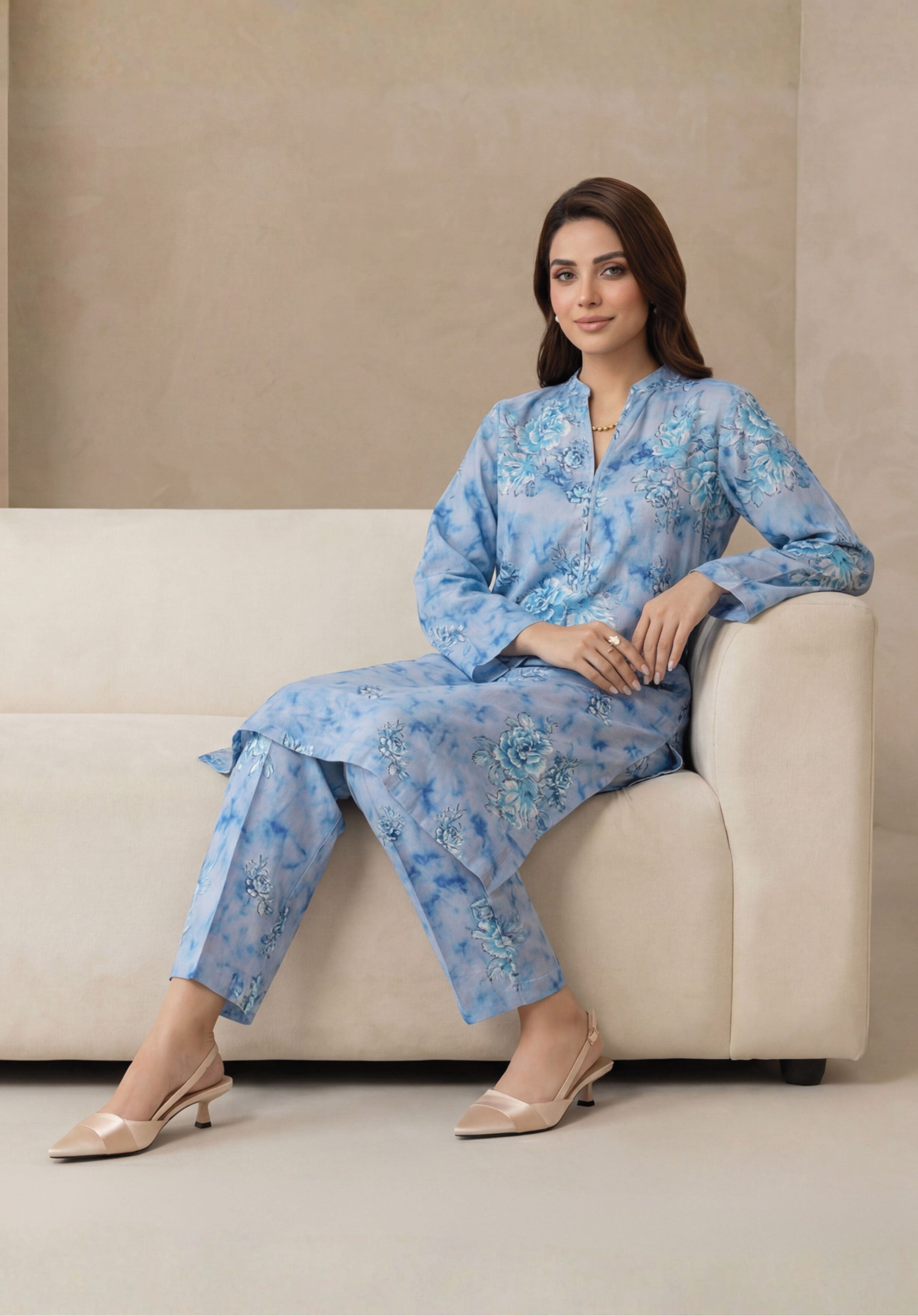 Silver Lavender Linen Stitched Staple Digital print suit