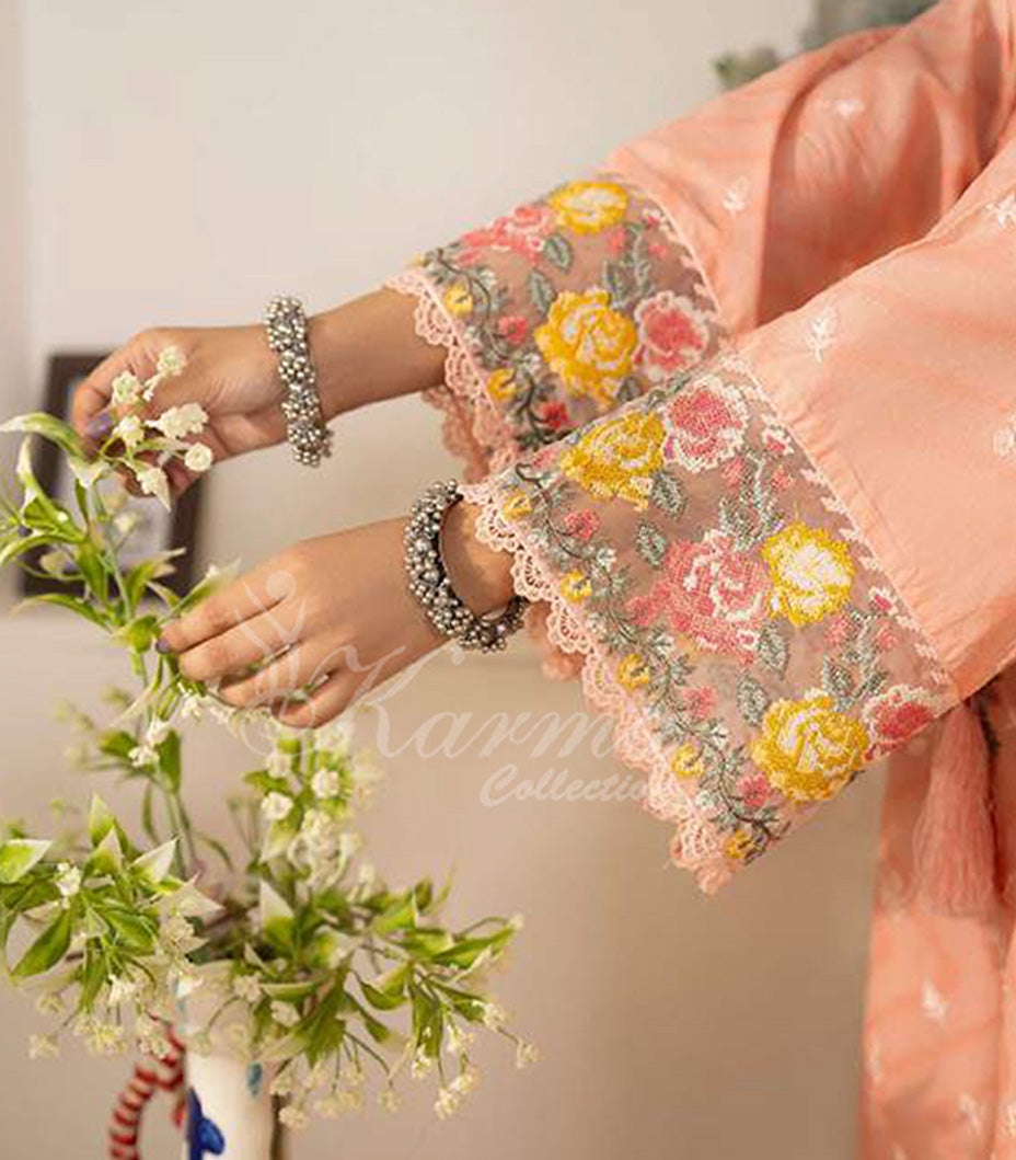 Apricot Embroidered Lawn Suit with Floral Printed Dupatta & Farshi Shalwar