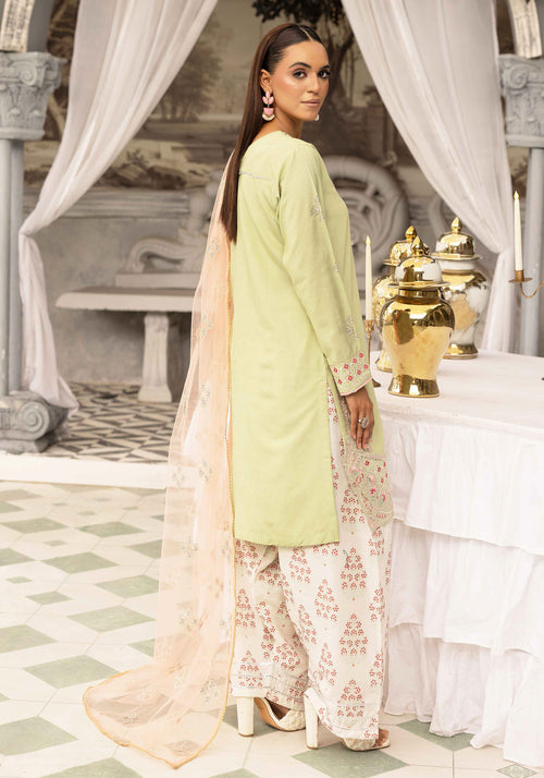 Pistachio Green Embroidered 3-Piece Lawn Suit with Organza Dupatta & Printed Palazzo