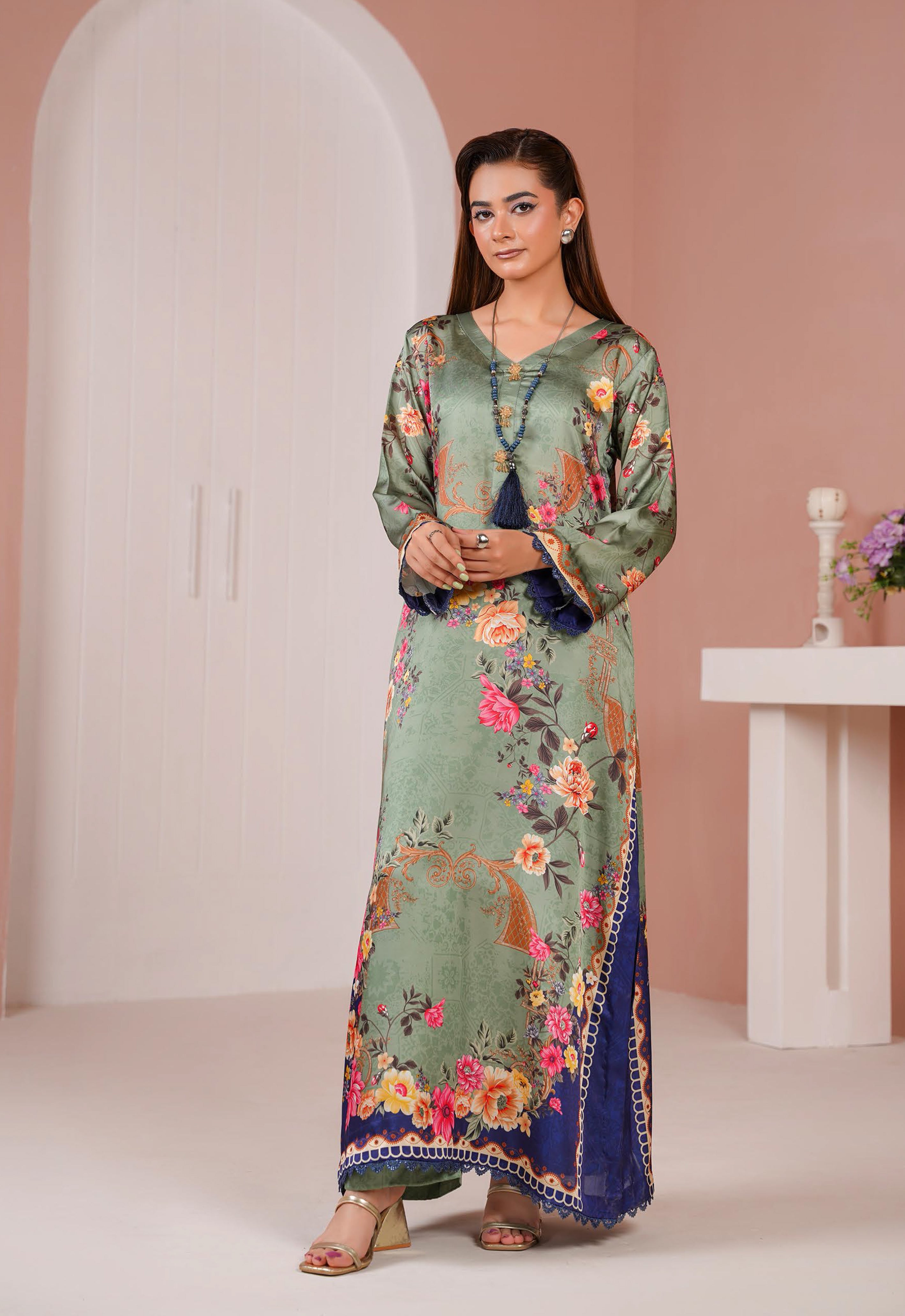 Sage Green Printed Silk Long Shirt & Trouser