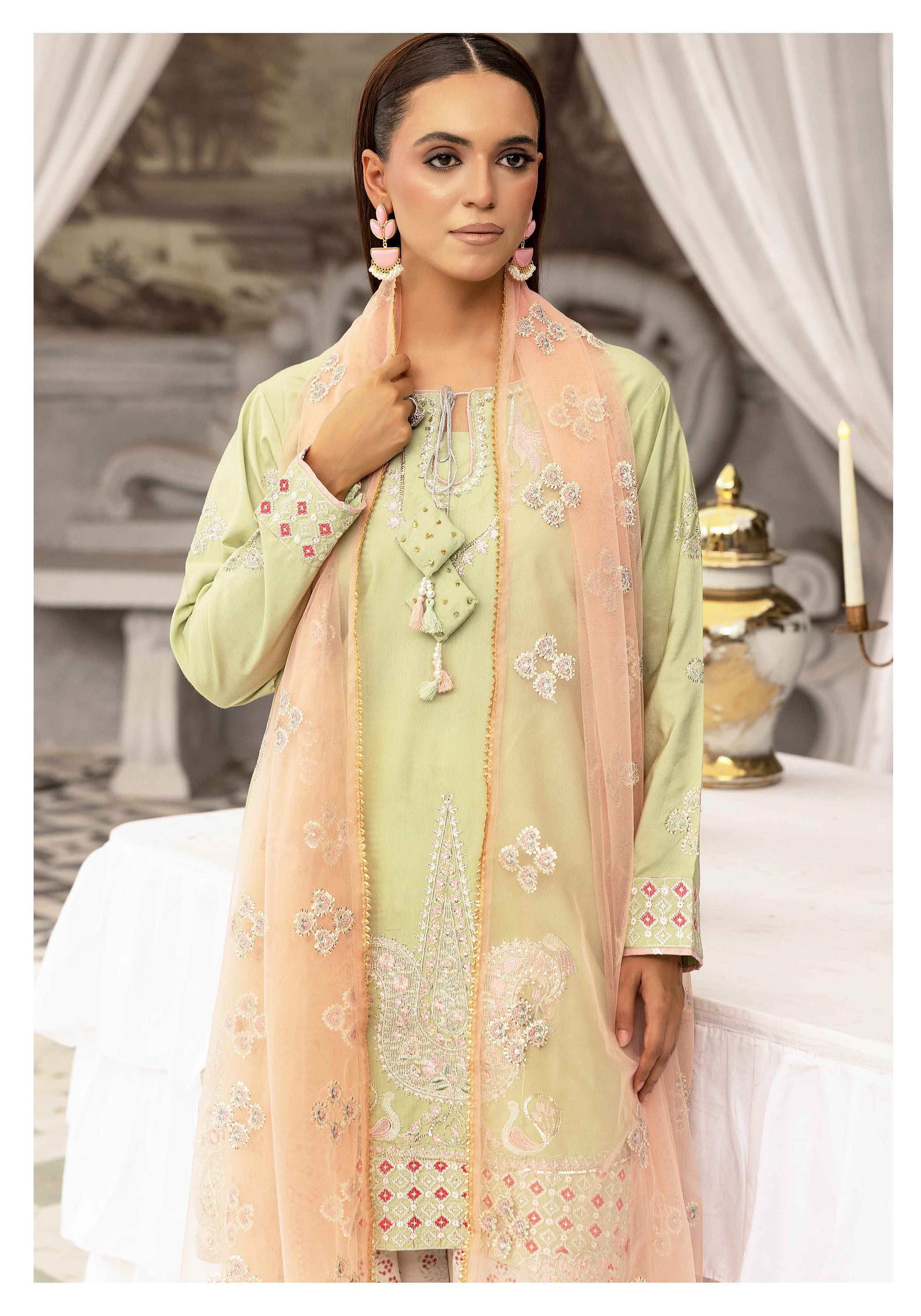 Pistachio Green Embroidered 3-Piece Lawn Suit with Organza Dupatta & Printed Palazzo