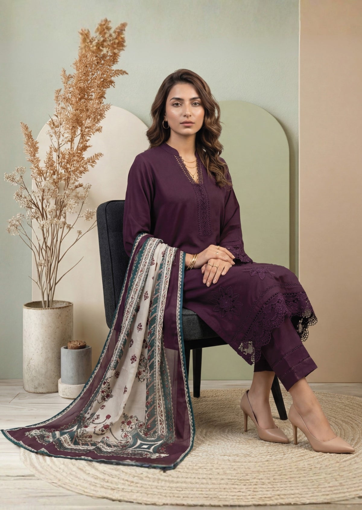 Maroon Embroidered 3-Piece Suit with Printed Digital Dupatta