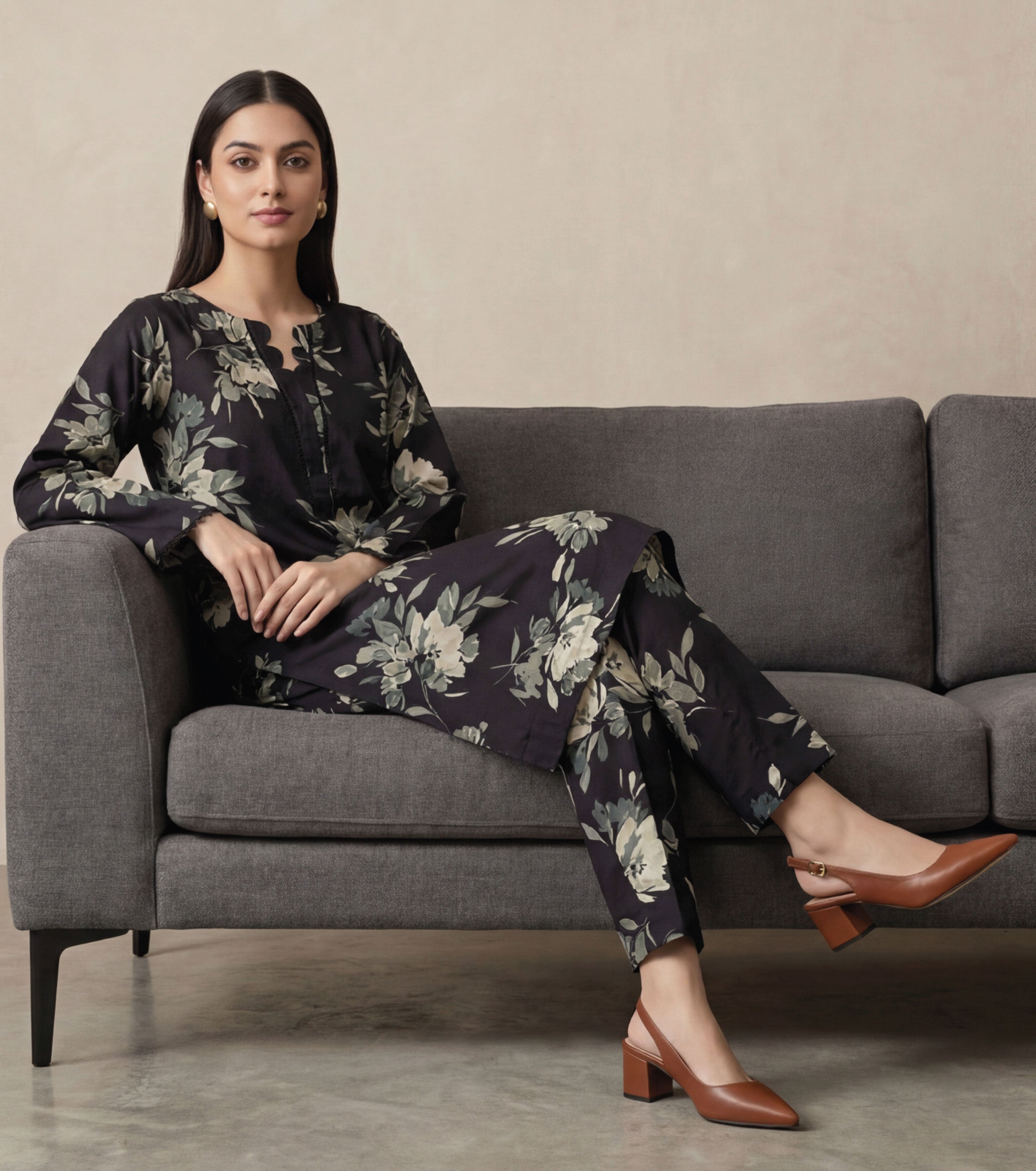 Plum Black Linen Stitched Staple Digital print suit