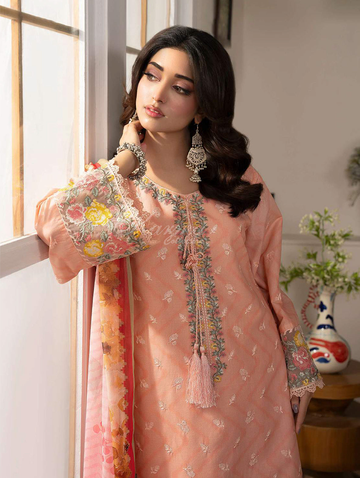 Apricot Embroidered Lawn Suit with Floral Printed Dupatta & Farshi Shalwar