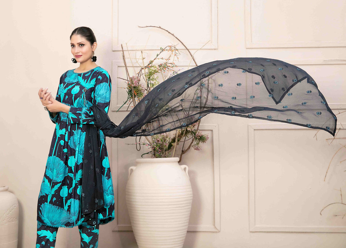 Black and Turquoise Floral 3-Piece Suit with Embroidered Chiffon Dupatta