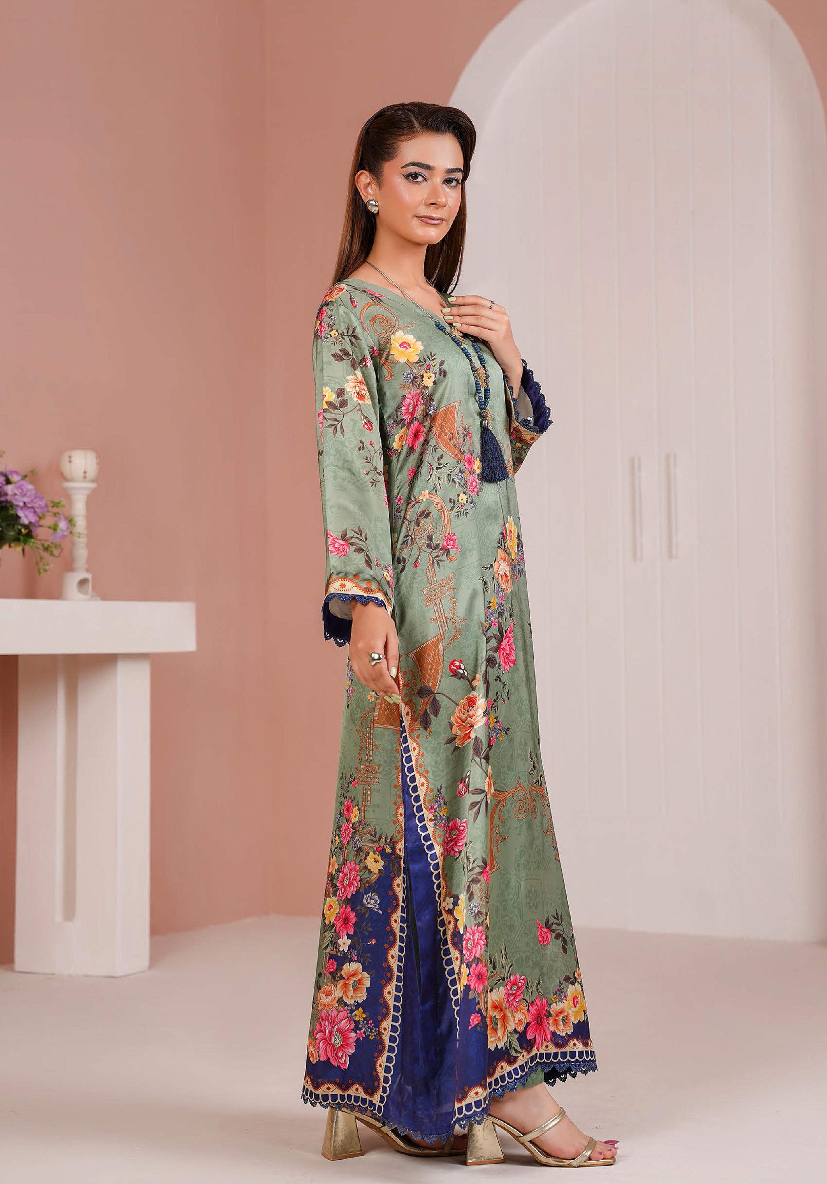 Sage Green Printed Silk Long Shirt & Trouser