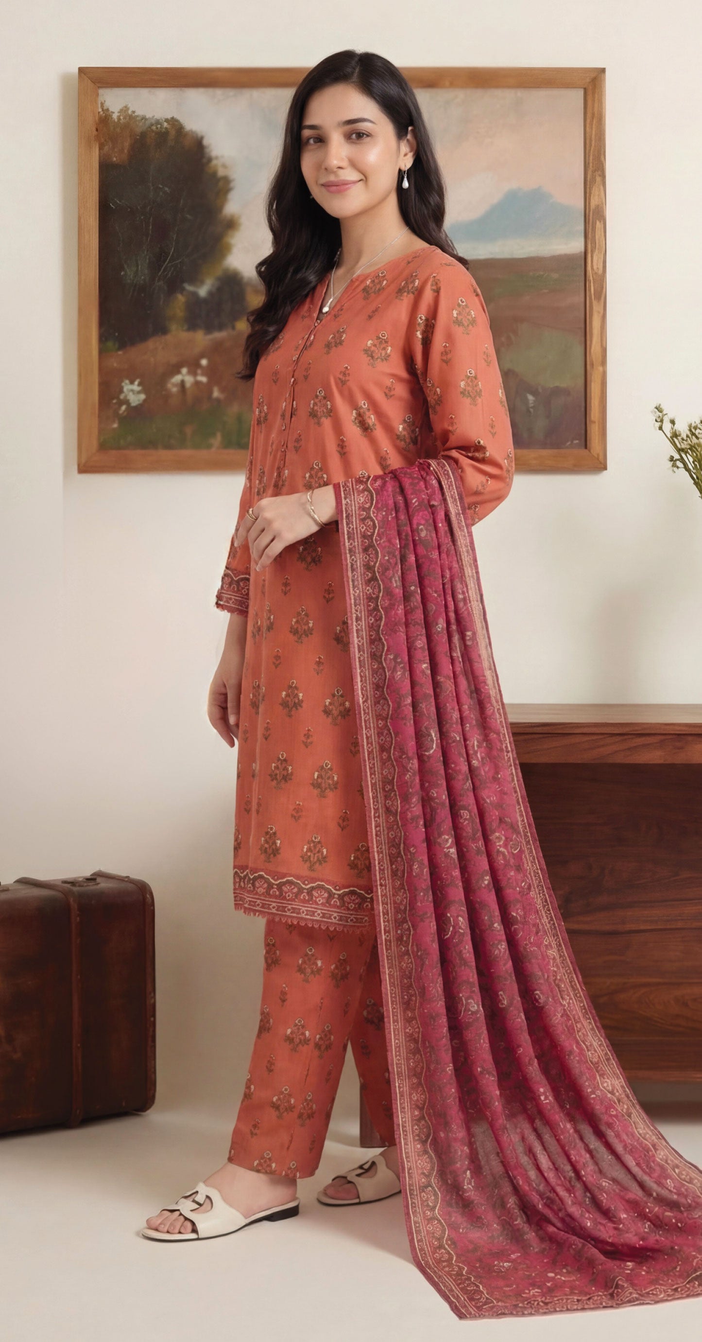 Terracotta Lawn Rotary Print 3PC Ready-to-Wear