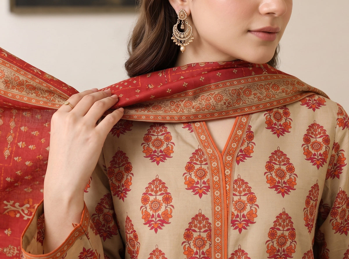 Rust Orange & Beige Printed Khaddar 3-Piece Suit