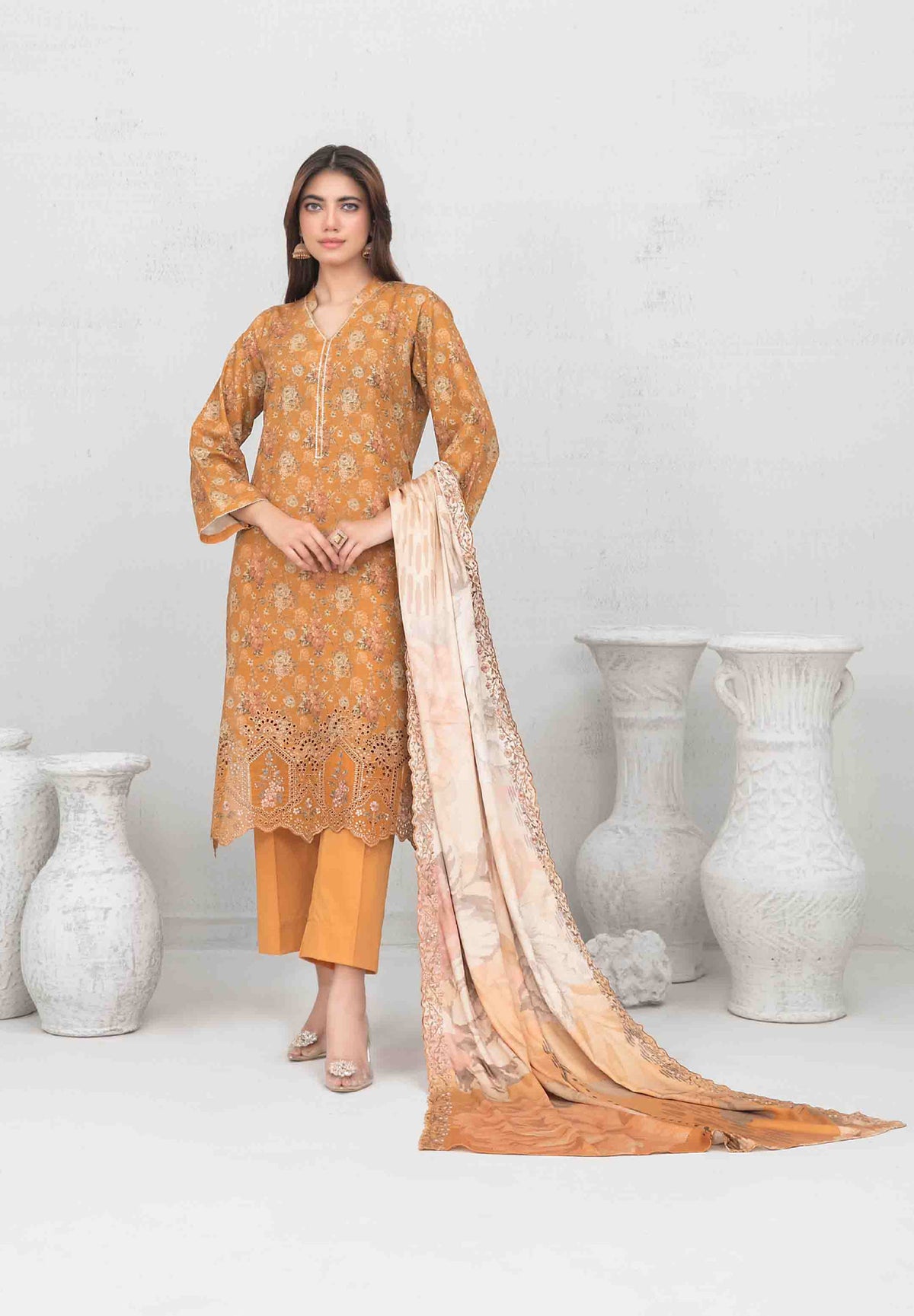 3pc Digital printed lawn suit with embroidered digital print cutwork Dupatta