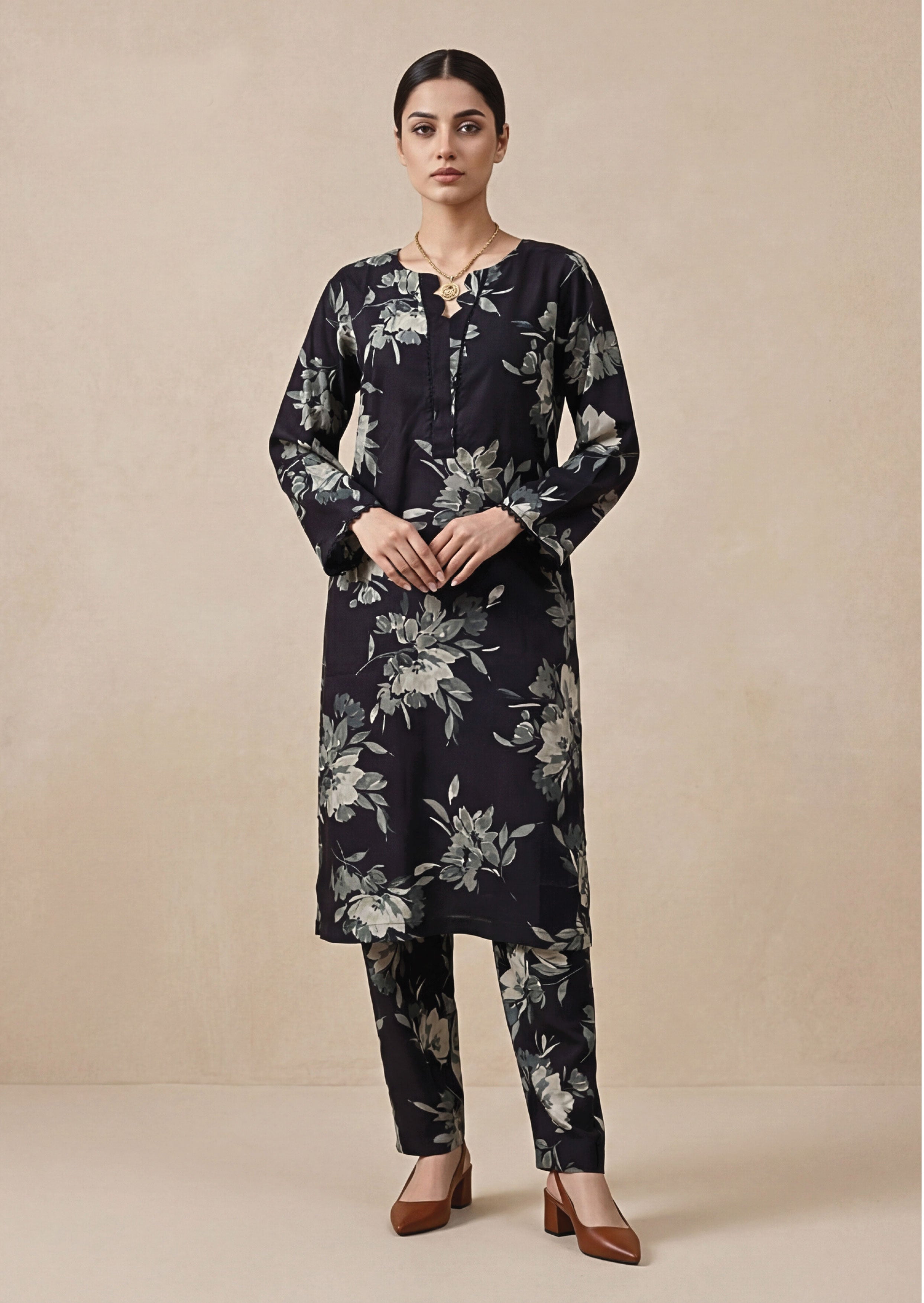Plum Black Linen Stitched Staple Digital print suit