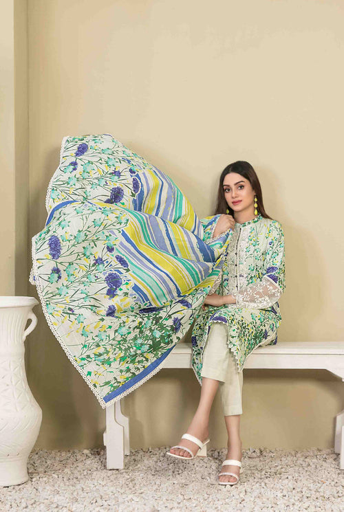 Ivory Green Floral Printed Khaddar 3-Piece Suit with Multicolor Striped Dupatta