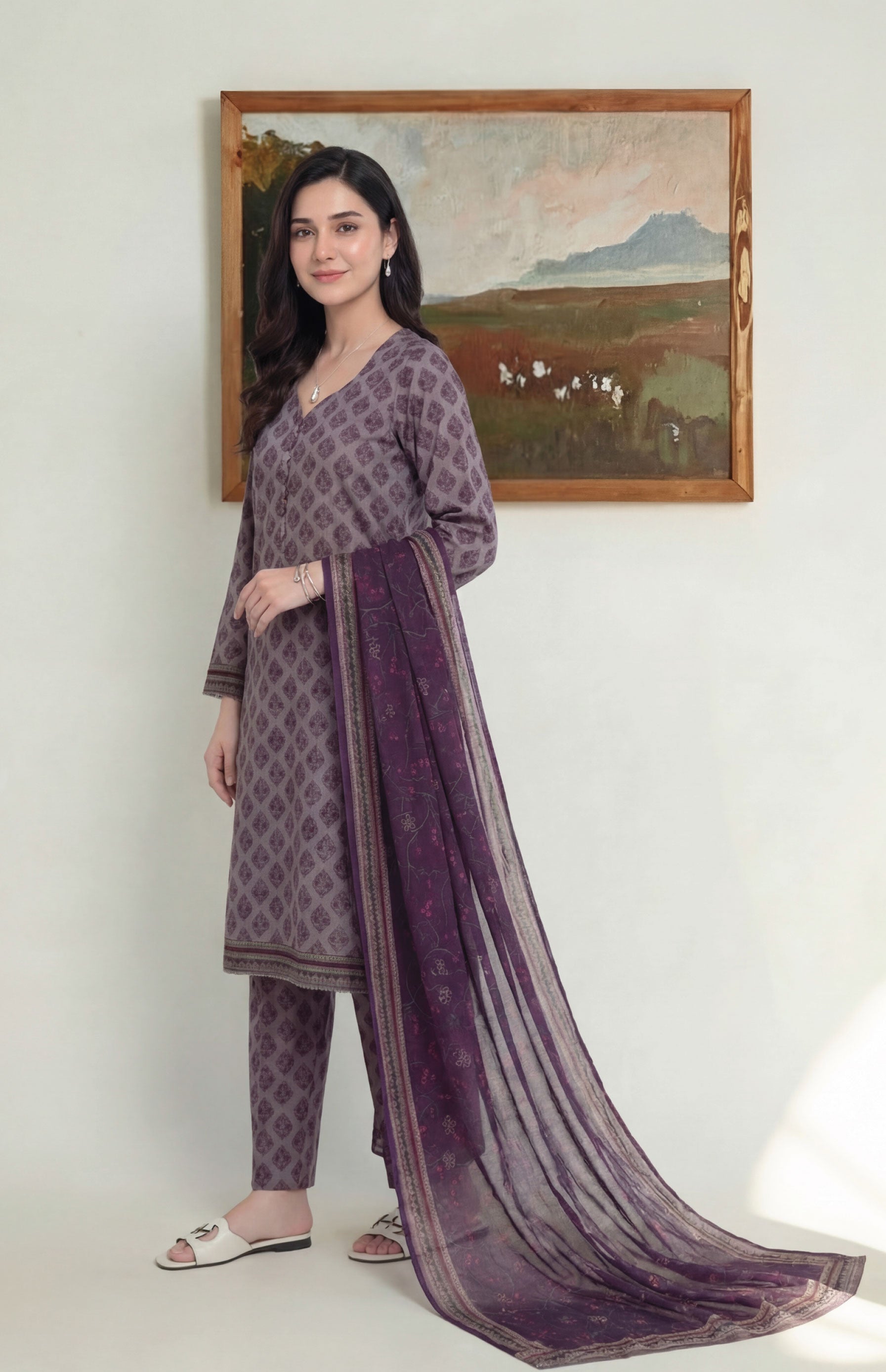 Mauve Gray Elite Lawn Rotary Print 3PC Ready-to-Wear