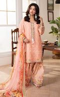 Apricot Embroidered Lawn Suit with Floral Printed Dupatta & Farshi Shalwar