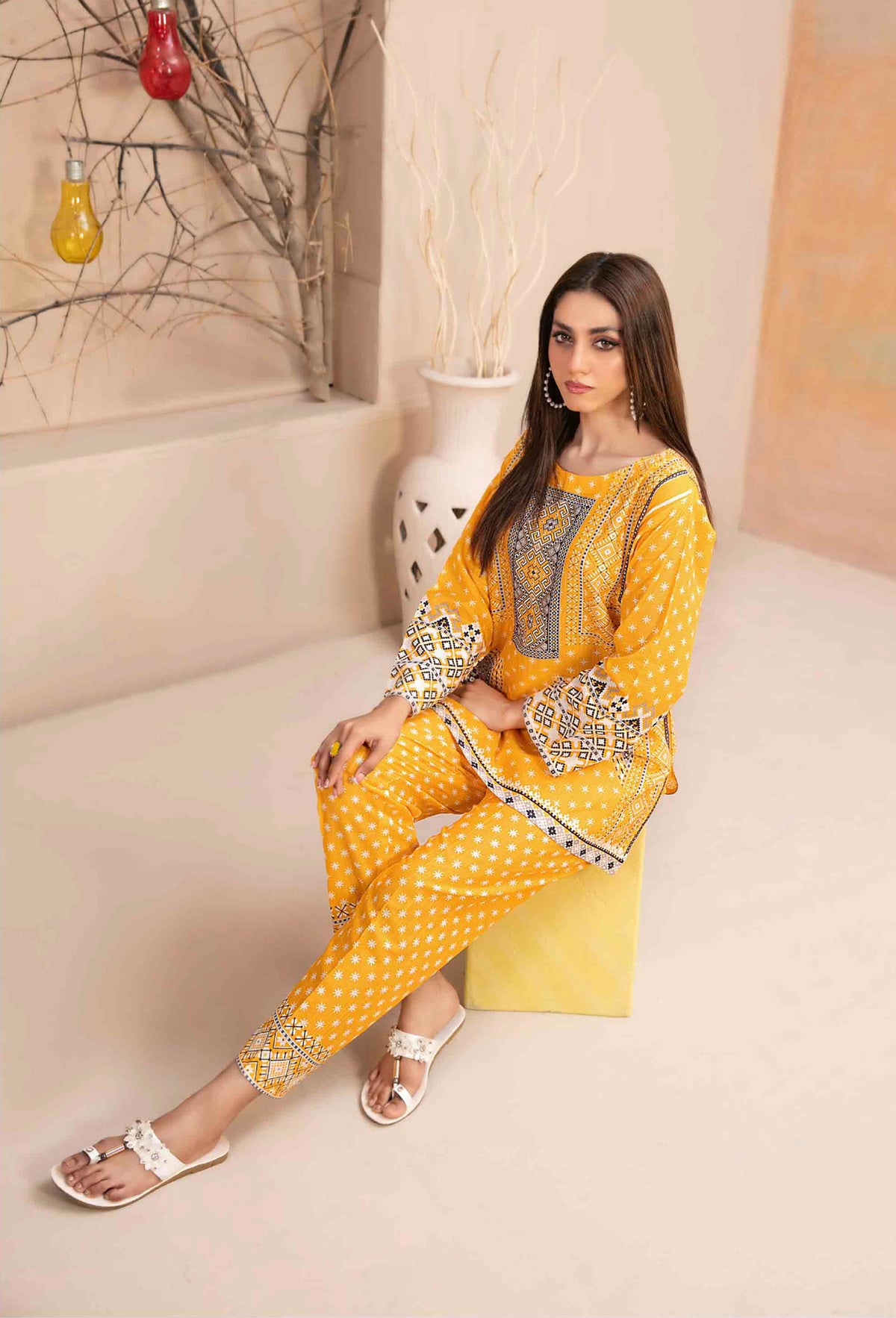 Mustard Yellow Khaddar 2-Piece Suit with Geometric Printed Details