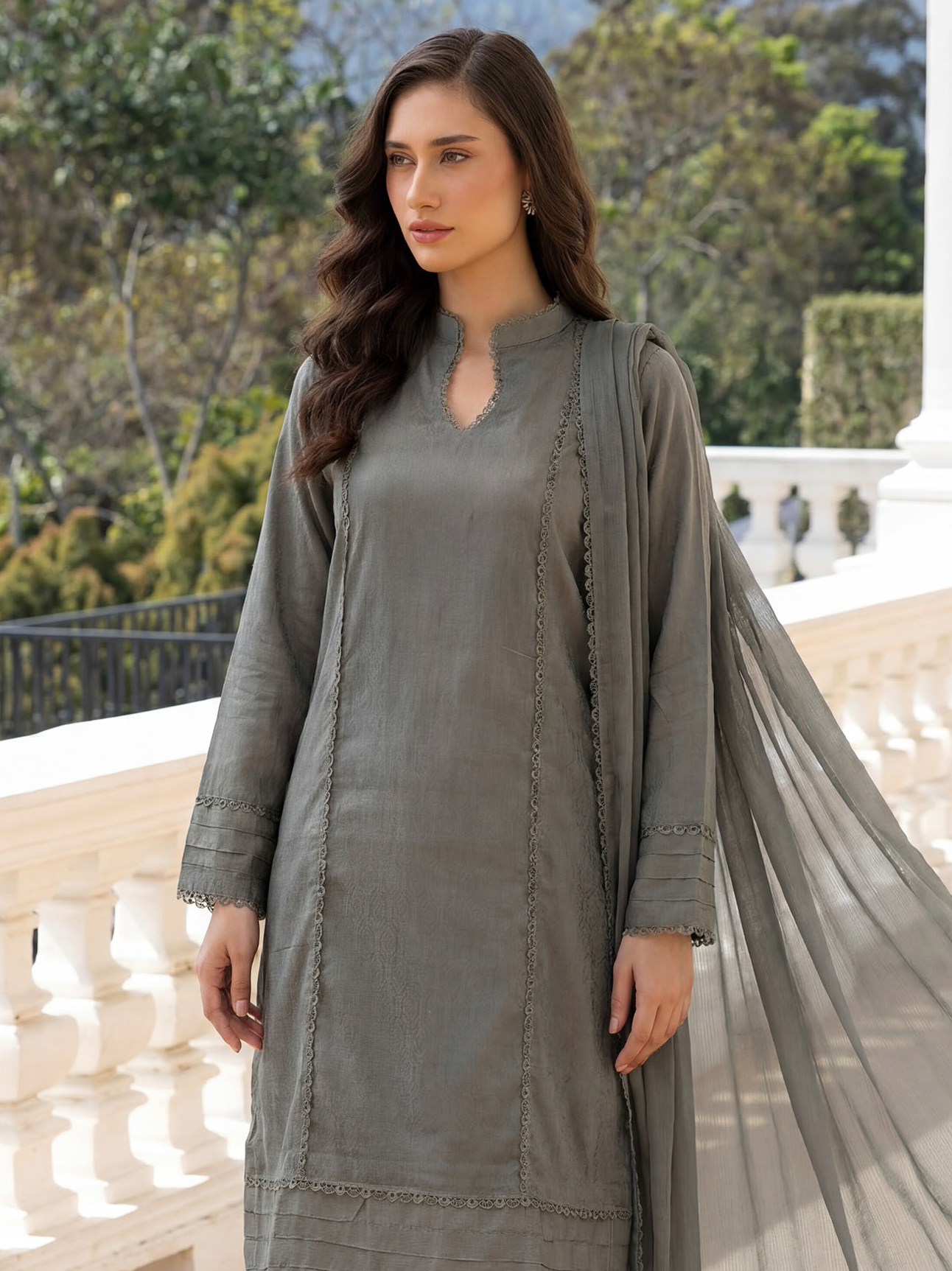 Mocha Grey Premium Jacquard Lawn 3-Piece Stitched Suit
