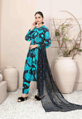 Black and Turquoise Floral 3-Piece Suit with Embroidered Chiffon Dupatta