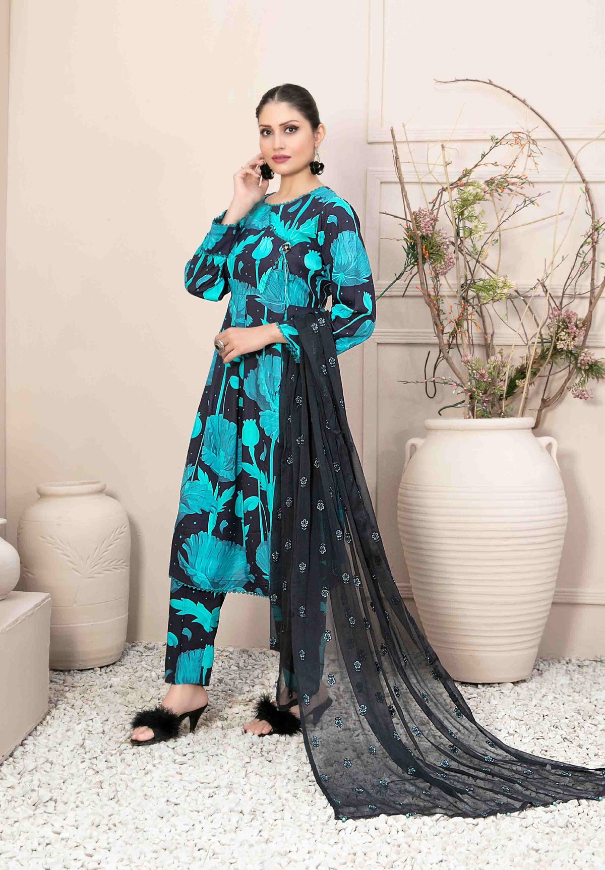Black and Turquoise Floral 3-Piece Suit with Embroidered Chiffon Dupatta