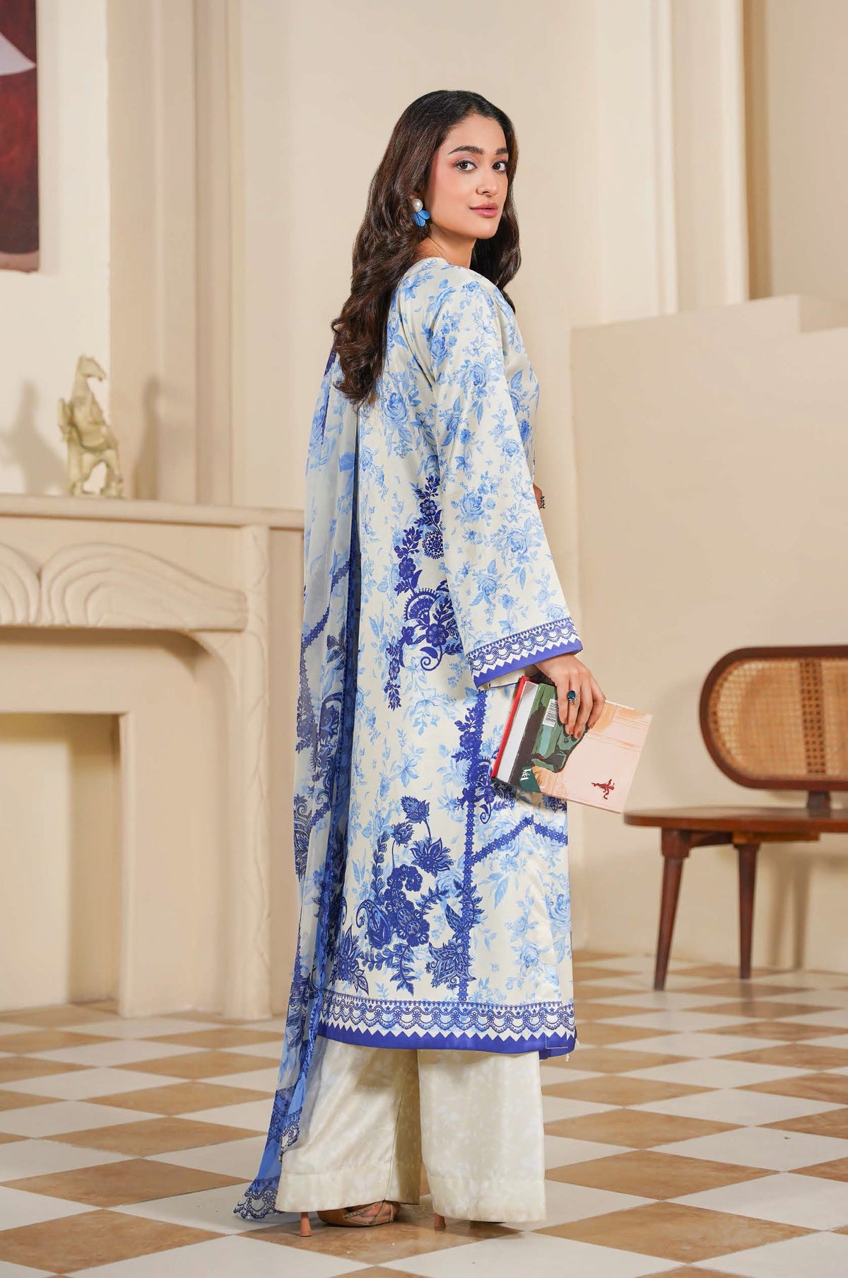 White and Royal Blue Floral Printed 3-Piece Suit with Elegant Borders