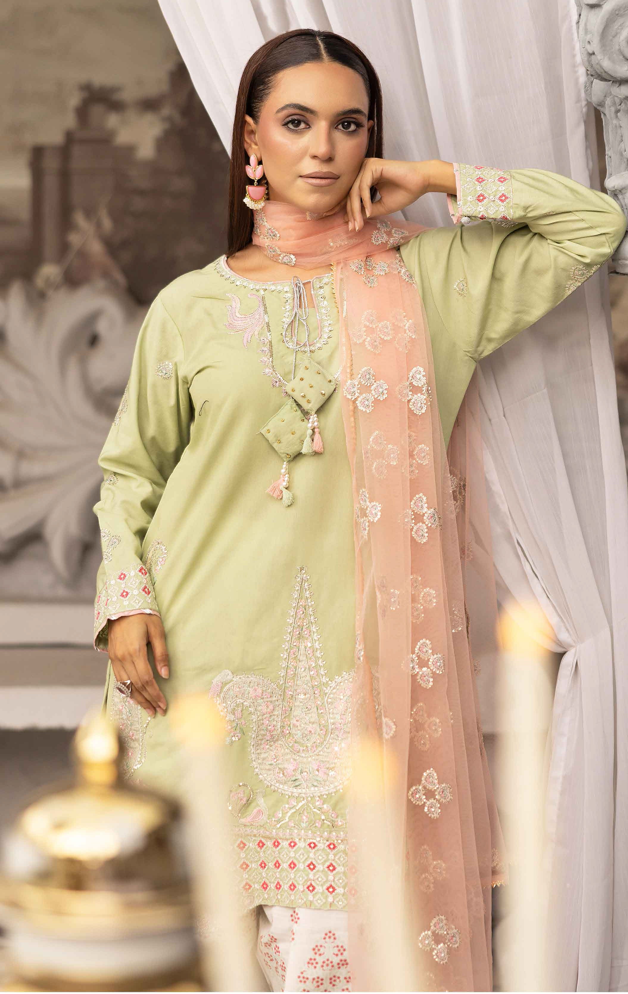 Pistachio Green Embroidered 3-Piece Lawn Suit with Organza Dupatta & Printed Palazzo