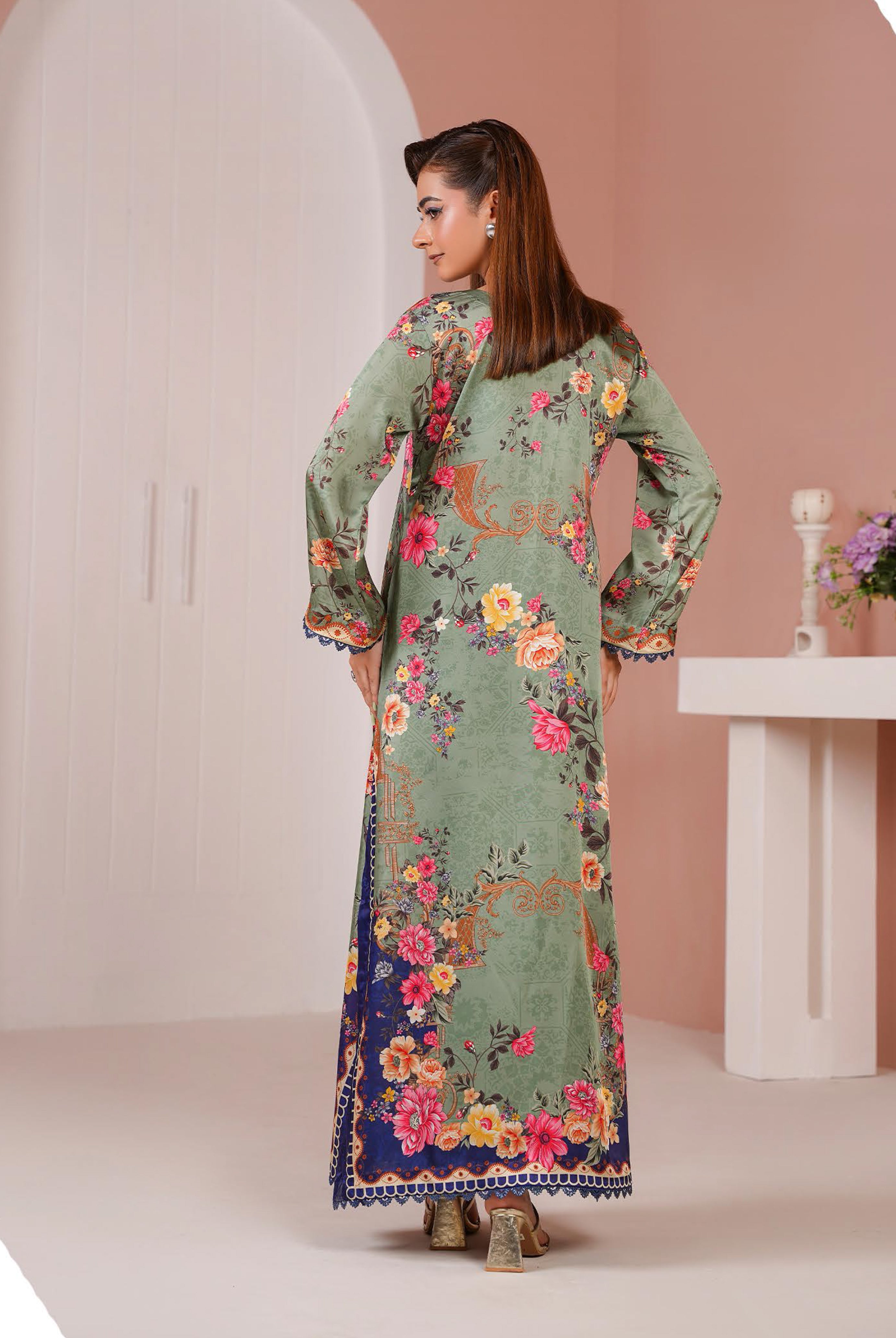 Sage Green Printed Silk Long Shirt & Trouser