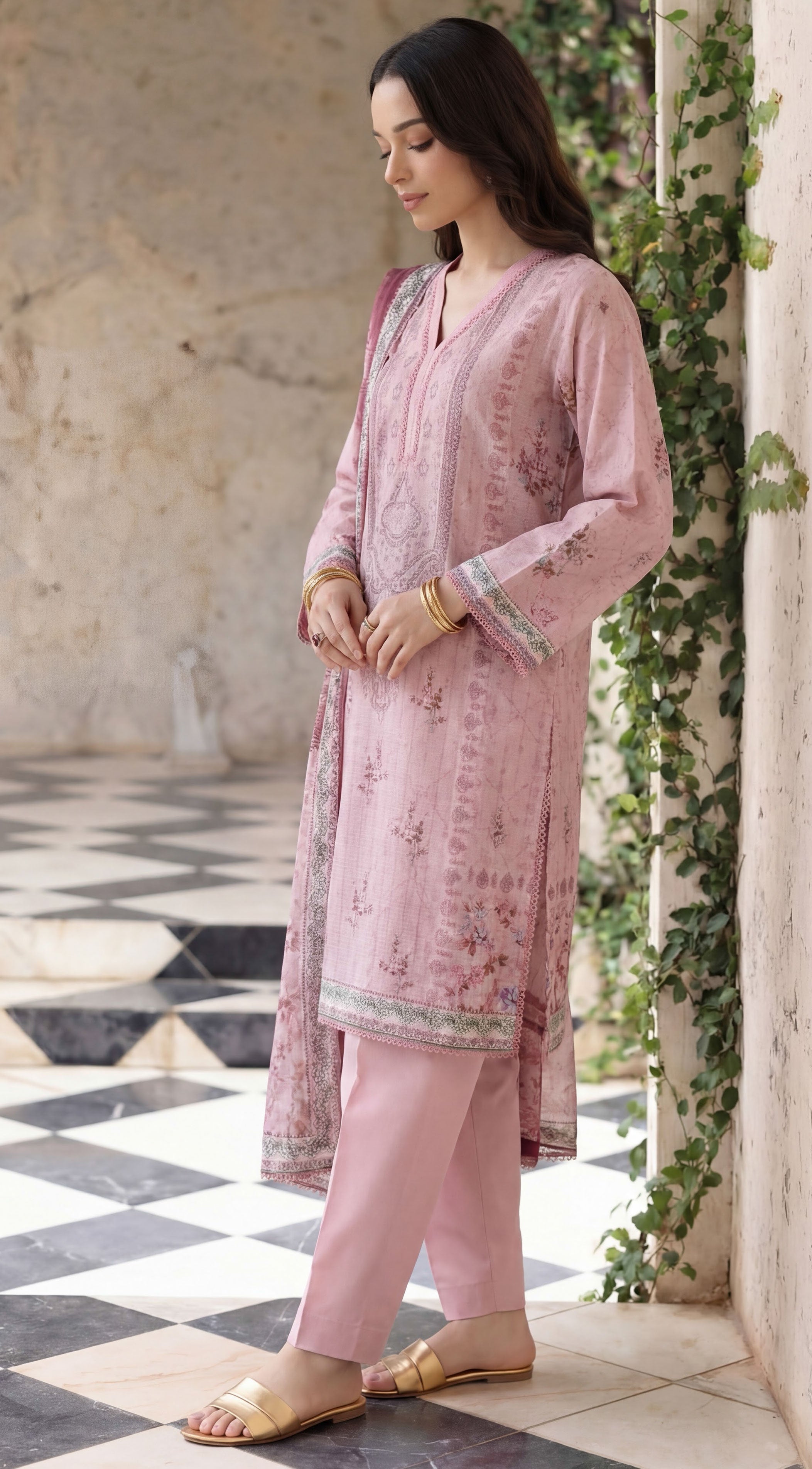 Vintage pink 3pc Lawn Stitched Suit