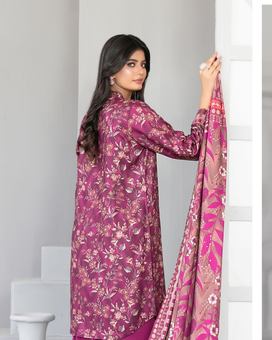 Magenta Floral Printed 3-Piece Suit with Patterned Dupatta