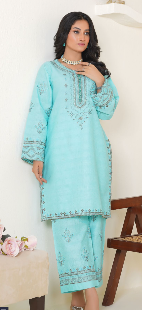 2pc sky blue with hand embellishments on neckline