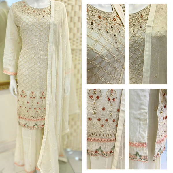 Pearl Work Sharara Suit - Off white