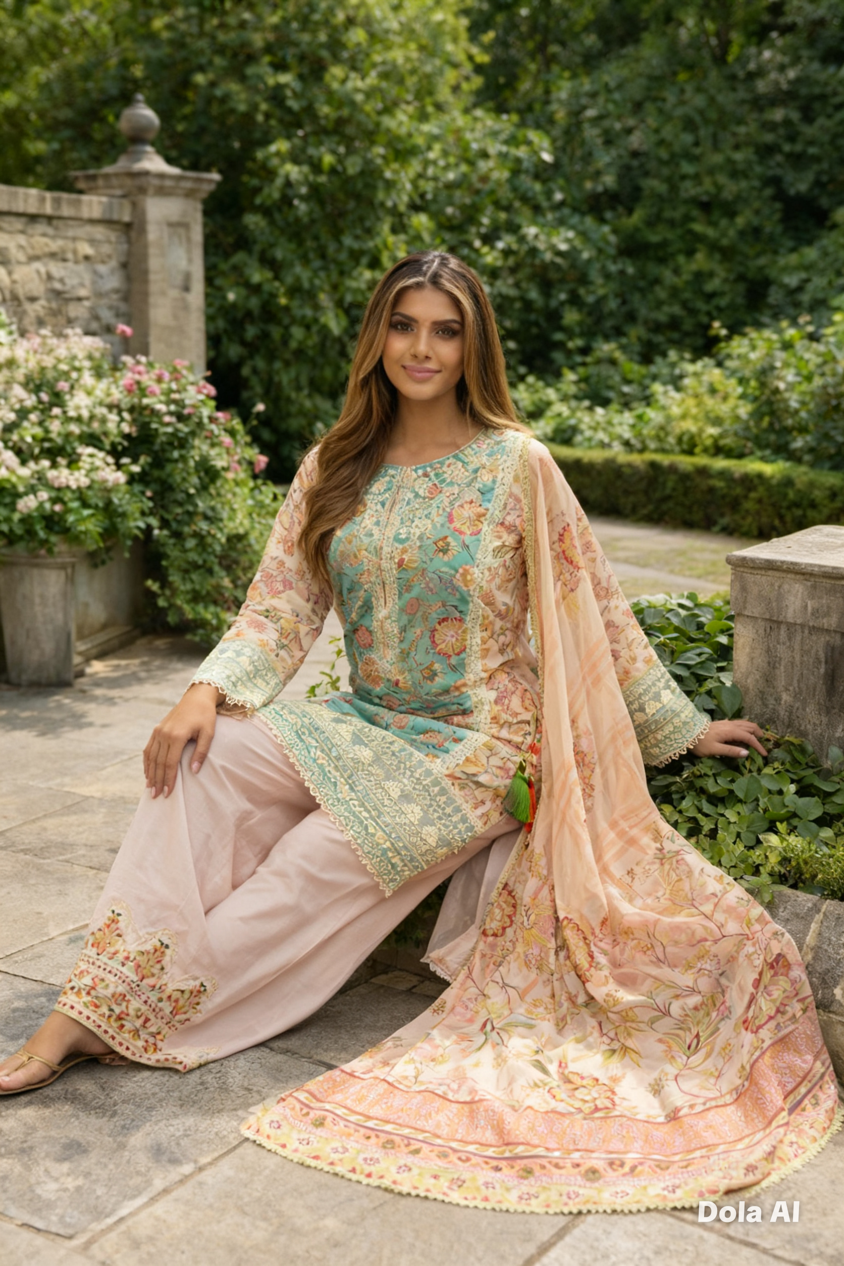 Karma Baby Blue 3pc Outfit With a Farshi Shalwar & Silk Scarf