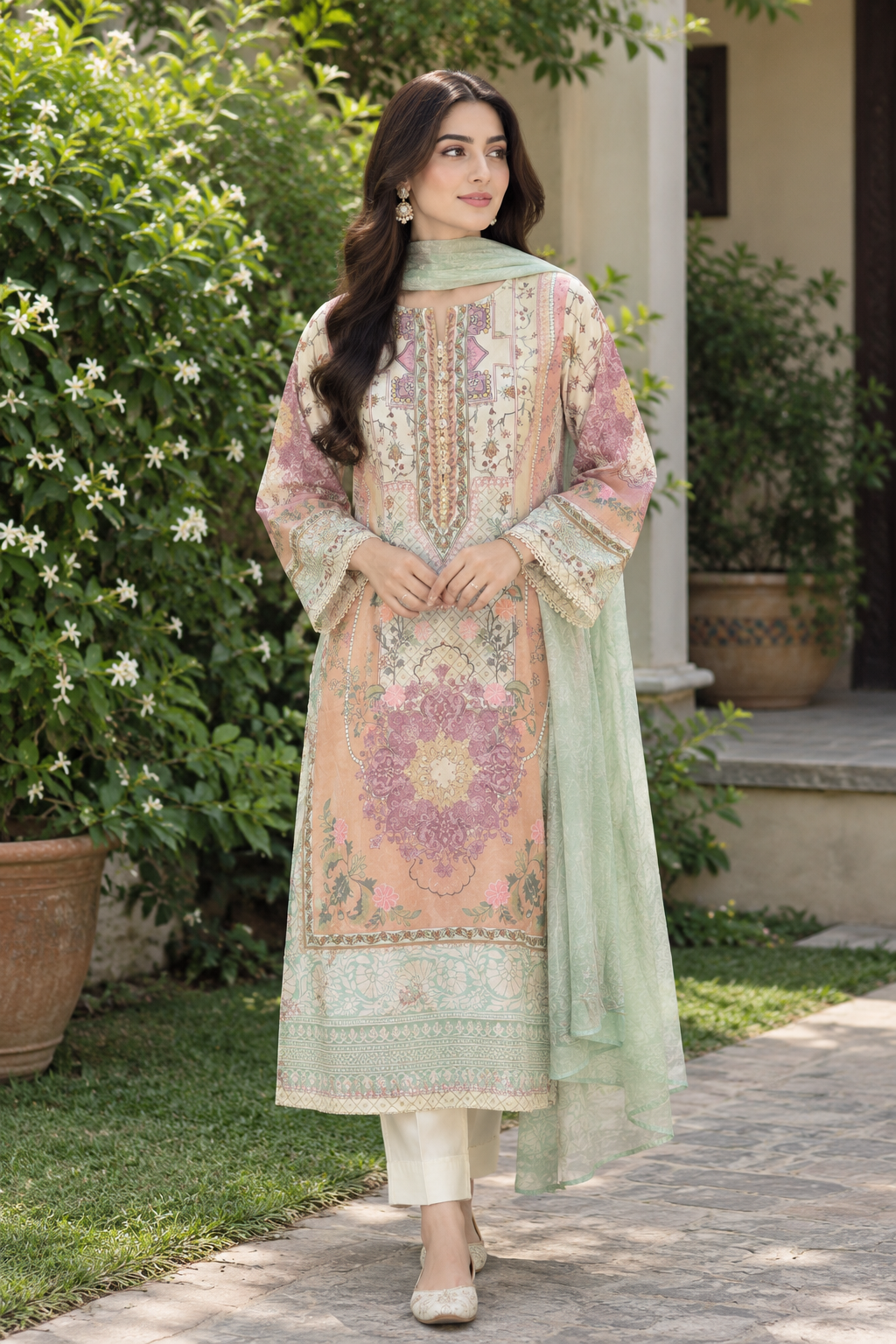 Peach Blossom Printed Silk Viscose Suit with Soft Cotton Dupatta & Straight Trouser