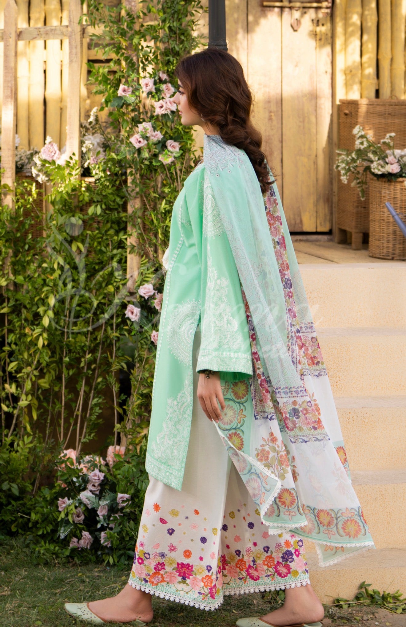 Mint green with white embroidery original karma collection 3pc outfit