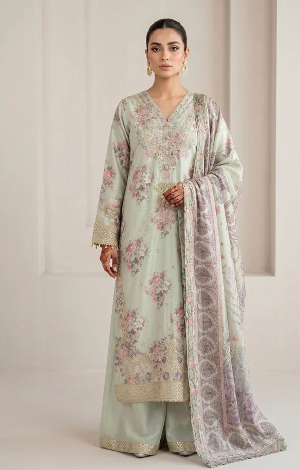 Ivory Bloom Embroidered Silk Viscose Suit with Floral Dupatta & Flare Trouser