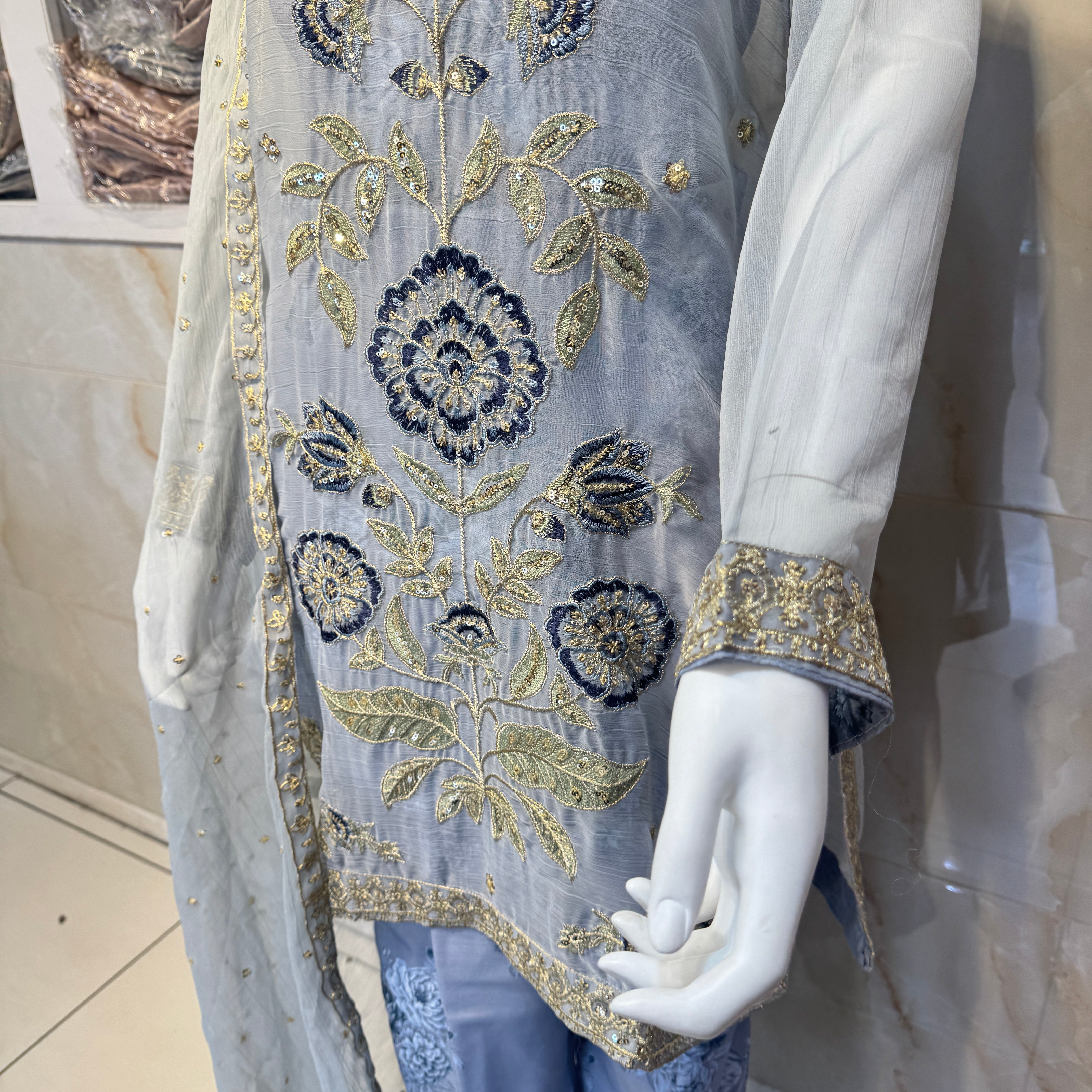 Ar baby blue ethnic  chiffon with patchwork  Womenswear