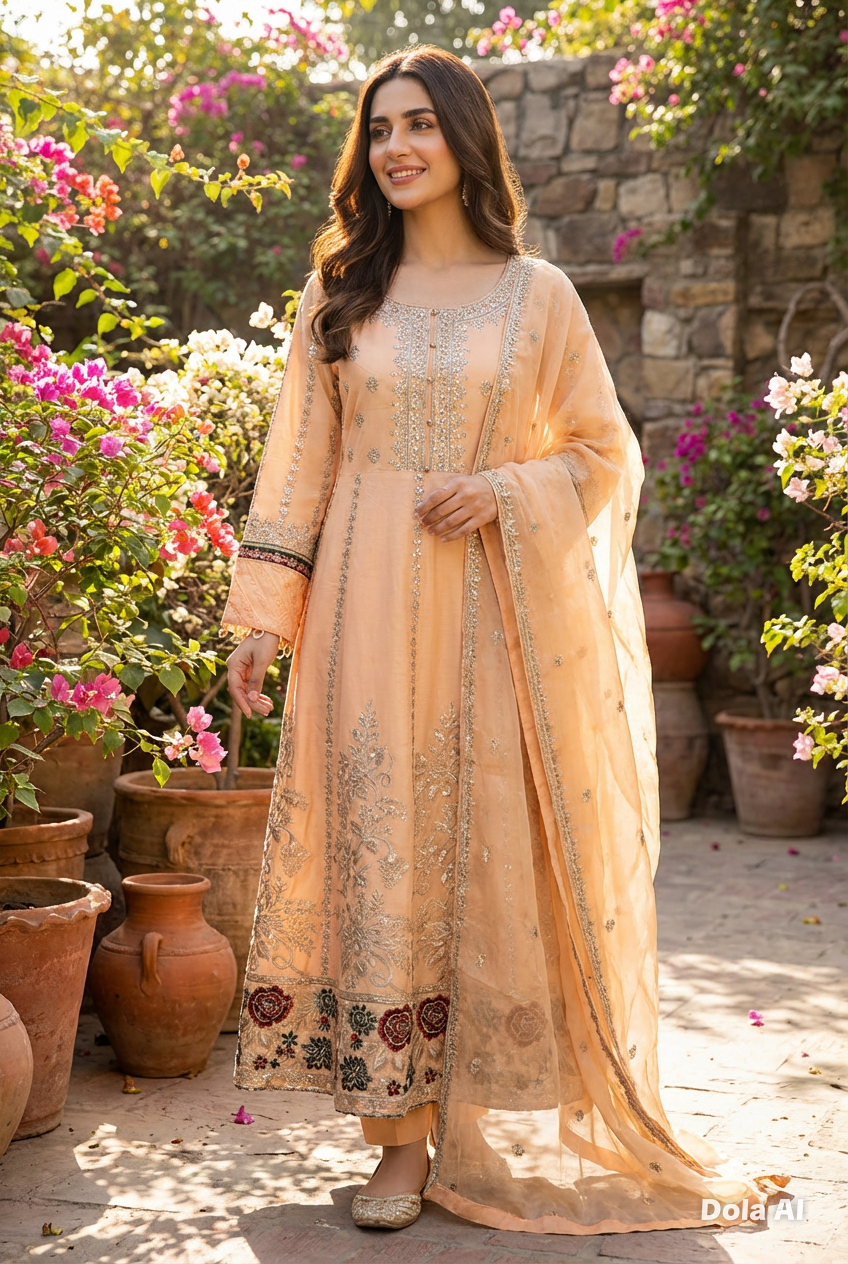 Zj peach long length frock maxi Casual 3pc outfit