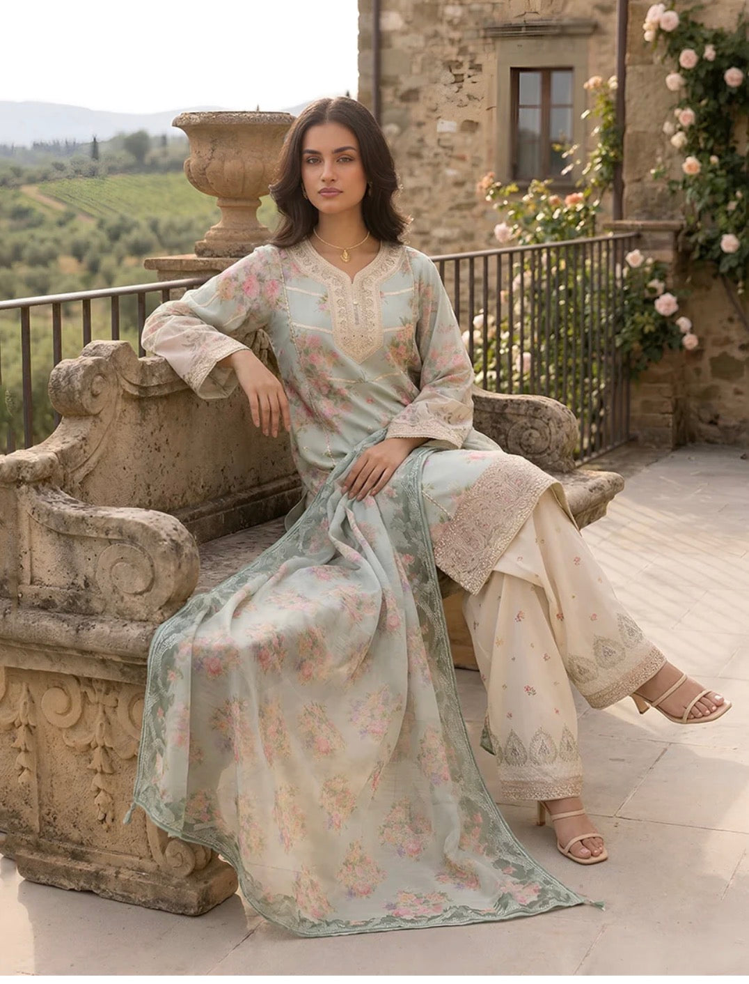 Mint Blossom Printed Lawn Suit with Farshi Shalwar