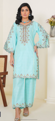 2pc sky blue with multicolour embroidery on neckline