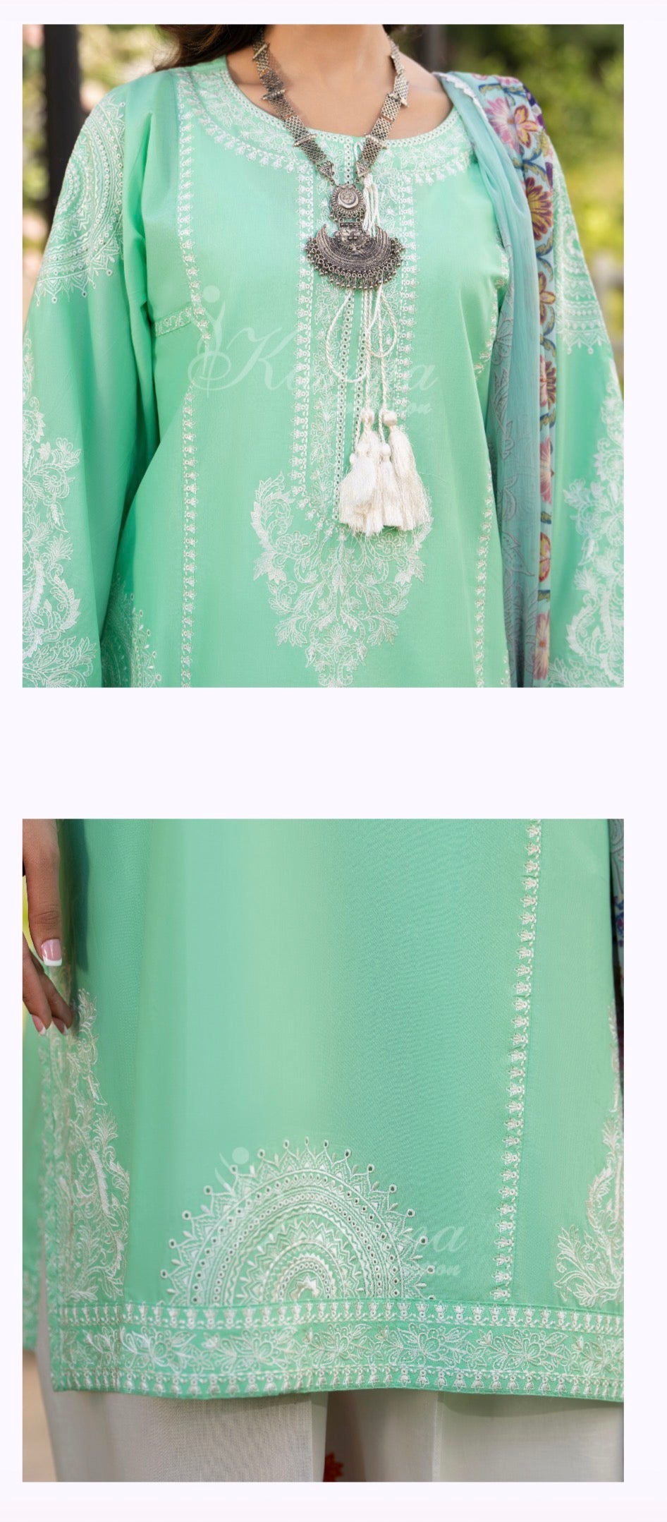 Mint green with white embroidery original karma collection 3pc outfit