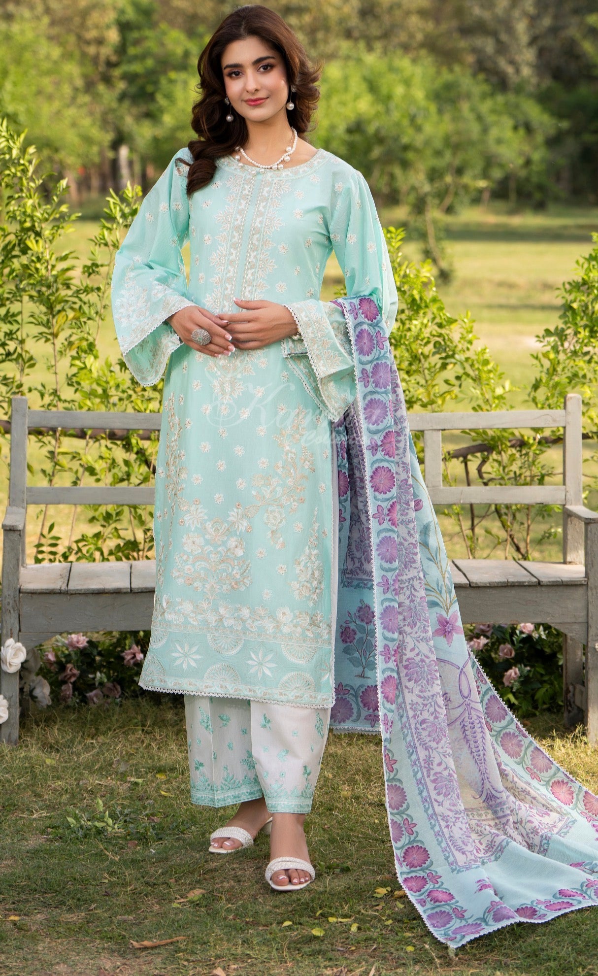 Aqua green with white embroidery original 3pc karma collection