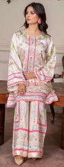 Luxury 2pc silk cream with pink and green